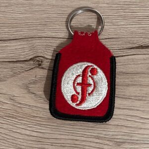 Feldman Lighting Logo red black white vintage 1980s felt embroidered keychain